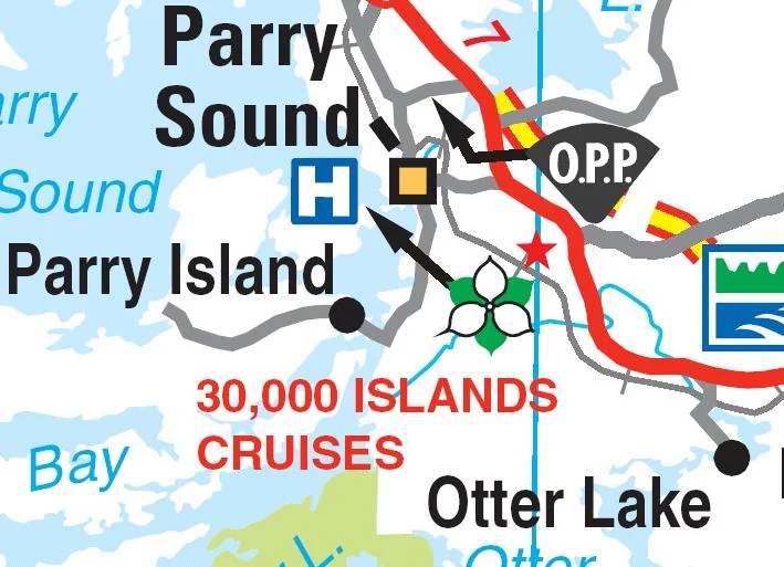 Local context map from the original Seguin Trail archive showing Parry Island and Parry Sound